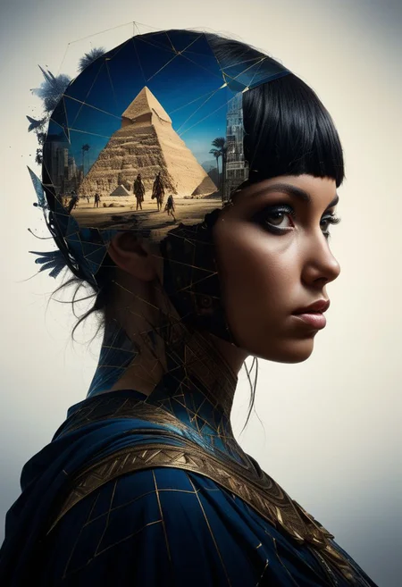 mysterious silhouette cleopatra in cape, pyramids, goddess, alluring, by Minjae Lee, Carne Griffiths, Emily Kell, Steve McCurry, Geoffroy Thoorens, Aaron Horkey, Jordan Grimmer, Greg Rutkowski, amazing depth, double exposure, surreal, geometric patterns, intricately detailed, bokeh, perfect balanced, deep fine borders, artistic photorealism , smooth, great masterwork by head of prompt engineering <lora:add-detail-xl:2> <lora:Double_Exposure:0.5>