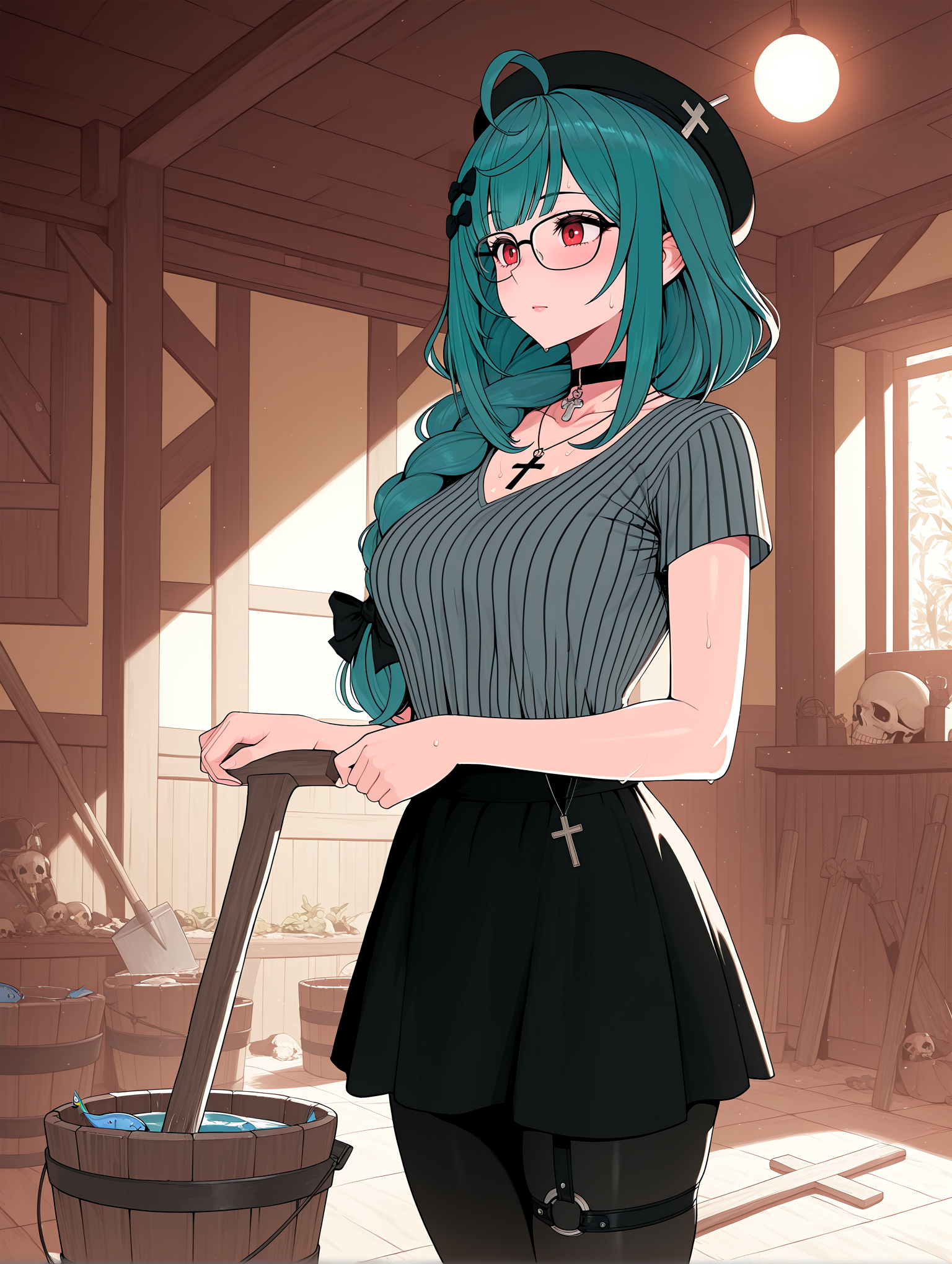 IllustriousQual <lora:cfg_scale_boost:0.3> <lora:StS-Illustrious-Detail-Slider-v1.0:3>,detailed_background,indoors,alternate costume,ggoc ill,tropical fish,short sleeves,black skirt,absurdres,braid,official art,long hair,wooden bucket,holding,breasts,dizzy dokuro,hair ornament,glasses,red eyes,shirt,virtual youtuber,ear ornament,bucket,ahoge,hatching \(texture\),striped shirt,sidelocks,pantyhose,choker,cropped arms,solo,crucifix,phase connect,hair bow,thigh strap,single braid,medium breasts,grey shirt,cross,beret,linear hatching,sweat,necklace,skull pendant,sally \(luna-arts\),string,black leggings,hoe