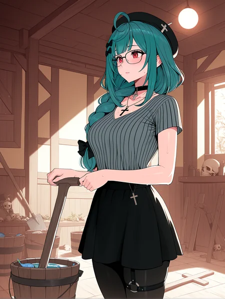 IllustriousQual <lora:cfg_scale_boost:0.3> <lora:StS-Illustrious-Detail-Slider-v1.0:3>,detailed_background,indoors,alternate costume,ggoc ill,tropical fish,short sleeves,black skirt,absurdres,braid,official art,long hair,wooden bucket,holding,breasts,dizzy dokuro,hair ornament,glasses,red eyes,shirt,virtual youtuber,ear ornament,bucket,ahoge,hatching \(texture\),striped shirt,sidelocks,pantyhose,choker,cropped arms,solo,crucifix,phase connect,hair bow,thigh strap,single braid,medium breasts,grey shirt,cross,beret,linear hatching,sweat,necklace,skull pendant,sally \(luna-arts\),string,black leggings,hoe