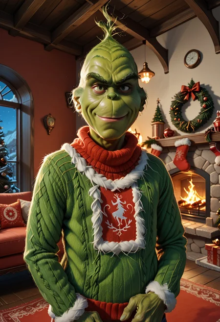 score_9, score_8_up, score_7_up, rating_safe, zzGrinch, 1boy, male focus, green skin, solo, evil smile, wearing ugly Christmas sweater, house fire, chrlib, scenery, indoors, living room, night, oven, christmas tree, christmas ornaments, red carpet, perfect details, close view, winter, portrait, dutch angle