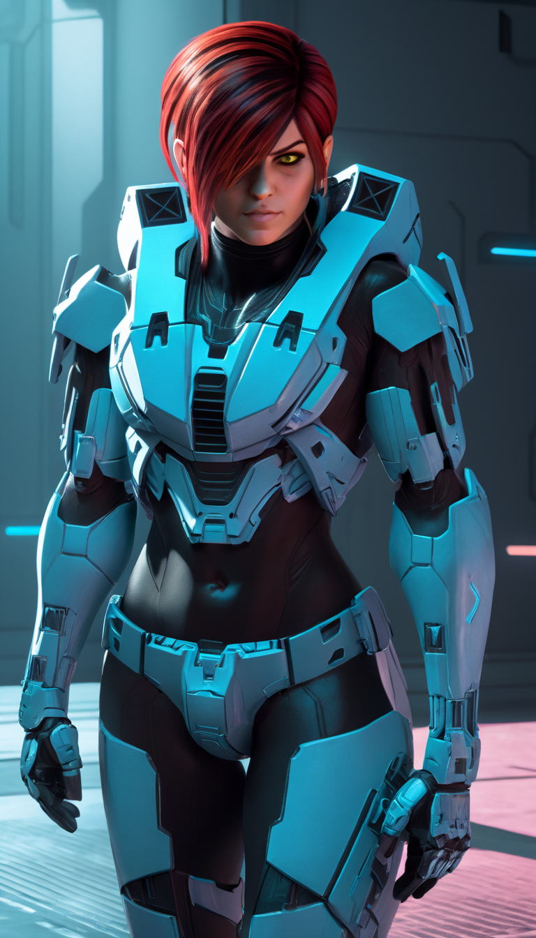 breathtaking rvb agent Carolina, (reimagined in a cyberpunk universe), (cyberpunk style), (cyberpunk outfit), (punk hair), augmentation, (cyberpunk), cybernetics, cinematic scene, hero view, action pose, beautiful 8k, detailed background, masterpiece, best quality, high quality, absurdres, vivid  <lora:agent_carolina_xl_v1:1> . award-winning, professional, highly detailed