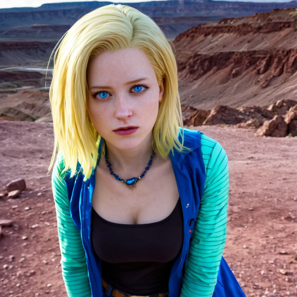 cinematic film still, saturated colors,  negative space, 
establishing standing shot, looking at viewer, 
1 adult woman, zoomed in,
detailed face of skyler white , (breaking bad style), 
long hair, blonde hair, blue eyes, necklace, 
ean jacket, black tights, a jean miniskirt,
closed mouth, eyes open
backdrop is a desolate rocky plateau , golden hours,