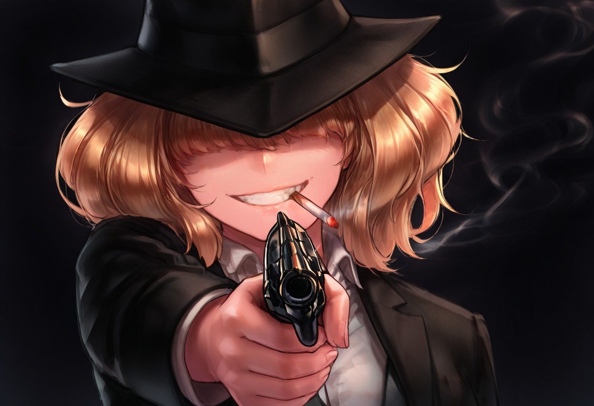 best quality, masterpiece, 
1girl, solo, 
blonde hair, short hair, messy hair, curly hair, black hat, hair over eyes,
formal clothes, black jacket,
pistol, aiming at viewer,
cigarette, smoking, grin,