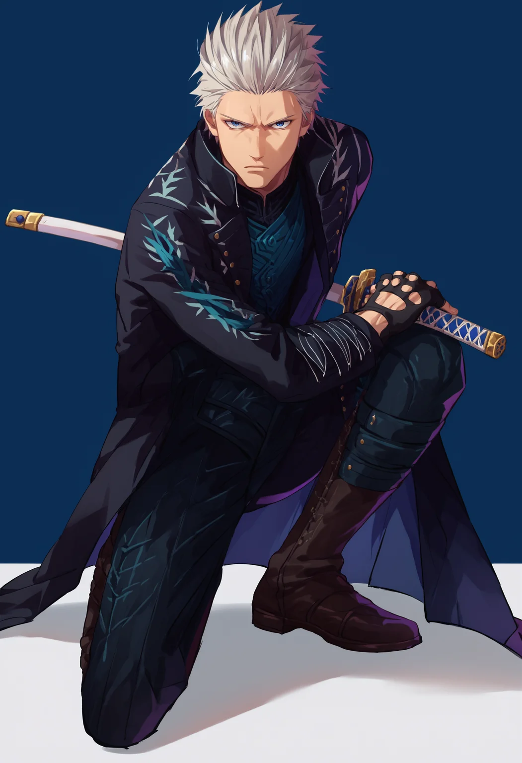score_9_up score_8_up score_7_up, source_anime, 1boy dmc5vergil solo male focus, battoujutsu, simple background, black coat, fingerless gloves, pants, expressionless, one knee, looking at viewer
<lora:battoujutsu_stance_24retry_pony_rework_final_svd_d8:1>
<lora:others_dmc5_vergil_ponyXL-000005:1.1>