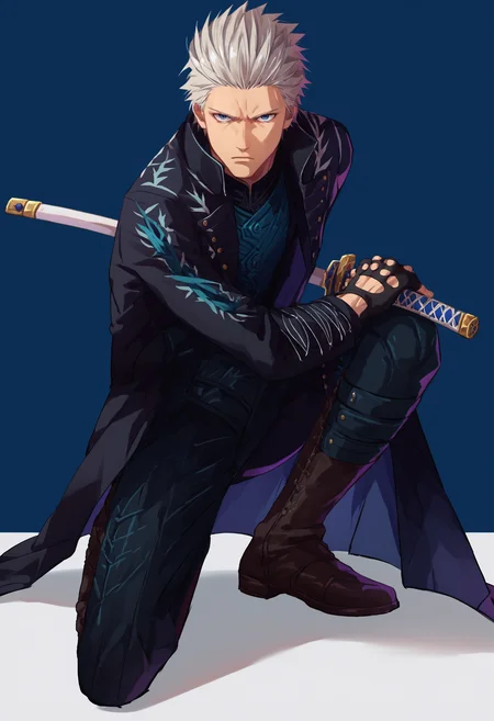 score_9_up score_8_up score_7_up, source_anime, 1boy dmc5vergil solo male focus, battoujutsu, simple background, black coat, fingerless gloves, pants, expressionless, one knee, looking at viewer
<lora:battoujutsu_stance_24retry_pony_rework_final_svd_d8:1>
<lora:others_dmc5_vergil_ponyXL-000005:1.1>