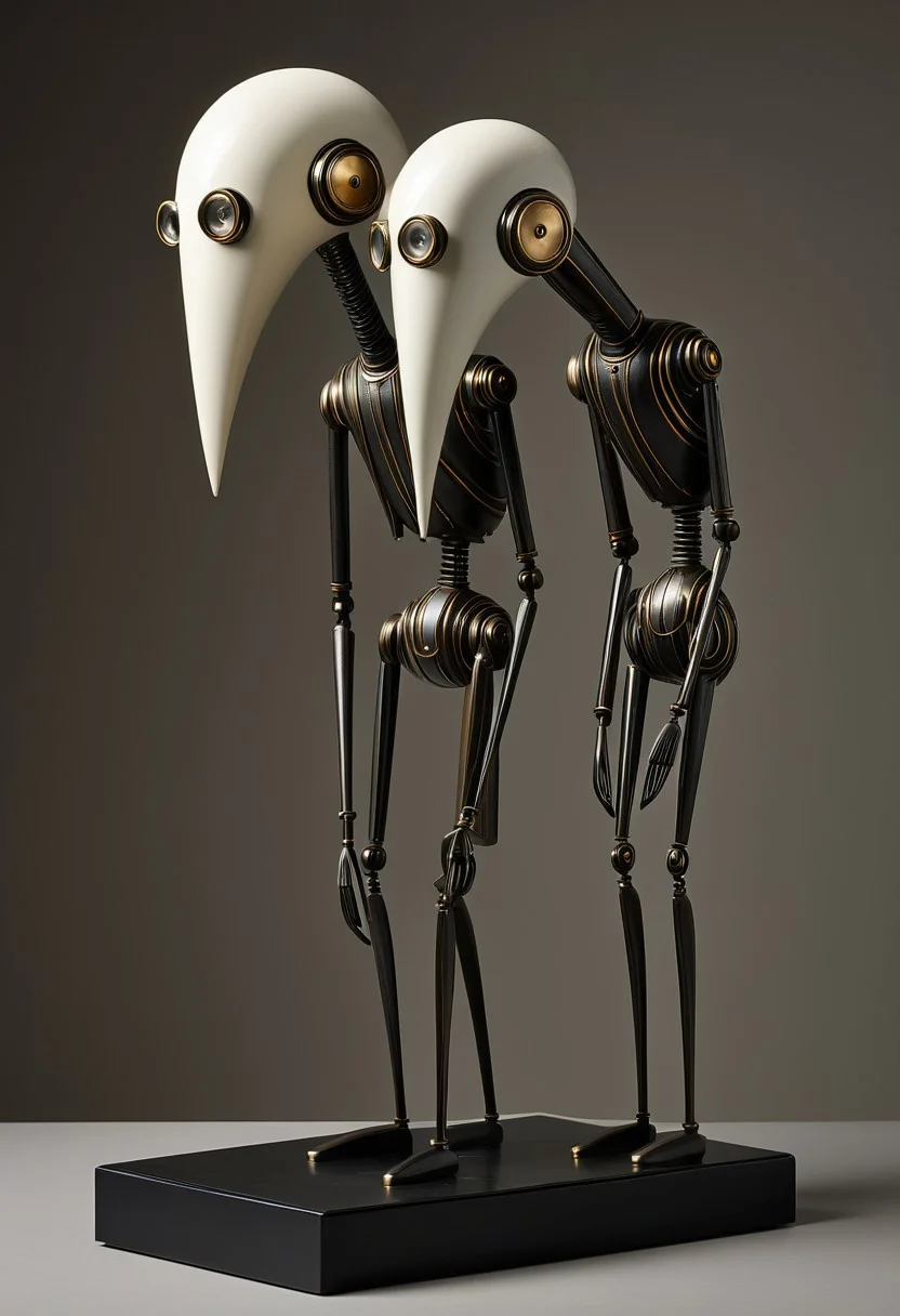 (masterpiece, best quality), Clockwork Creatures.
expressionist sculpture, elongated figures, muted tones, minimalist forms, emotional intensity, somber atmosphere, human vulnerability, simplified lines, melancholic mood, soft shadows, textured surfaces, introspective themes, graceful posture, psychological depth, modernist influence
