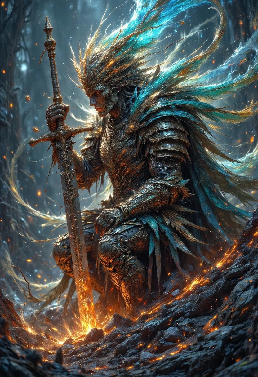 The sword plunges earthwards burying hilt-deep 'neath churned sod And armor plate shivers dully resonant as gauntlets loose their grip Pommel studded bright brass asterisk lying cold Hilt rag-doll limp where erstwhile warrior kneeled Arcthyril wards' eldritch phosphorescence fade Slow-dimming mote-star nova fading supernova Spell-force dissipated wan by increment Luminous blade etchmark of the heavens winks Out, great buckler falling board-sharp clang Shield rim bites hardpack adamantine mould The last breaths issue moist ephemerae tendrils Wreathe exhalations steam ghost grey ghost vapors Condensing mizzle shrouds noble profile marred By merciful oblivion final refuge granted Errant champion slumber deep peace of death Softer then when hero-king lies dreamt slumbrous in ivory repose Closing circuit chronicles tell unfinished Yet legend persists unbidden epically sung Through bard-song ballads troubadour's lute strings plucks Fame lives immortal, here dead Hamtaro Laid low, once mightiest of champions arrayed All valor concentrated compact vital kernel Heart ripped forth no sacrifice too costly to grant Great cause its full measure
...
impressionist painting, loose brushwork, vibrant color, light and shadow play, captures feeling over form, Oil Painting,
surreal, concept-art, fantasy, beautiful, painterly, detailed, textural, artistic, aesthetic, intricate details, highly detailed, vivid, volumetric lighting,
detailed