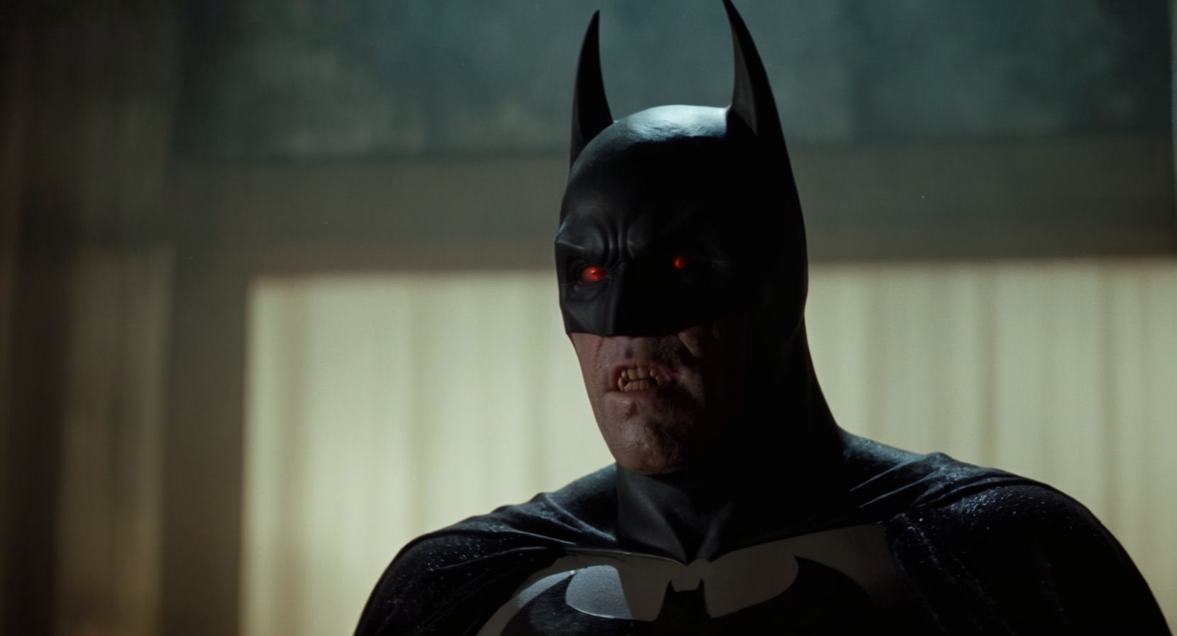 cinematic film still of  Cinematic Film stock footage in (arri alexa style) Kodak film print,   <lora:Batman Vampire:1> <lora:Vampire-000003:1> Batman Vampire a man in a black suit with a glowing cape and vampire fangs, shallow depth of field, vignette, highly detailed, high budget, bokeh, cinemascope, moody, epic, gorgeous, film grain, grainy