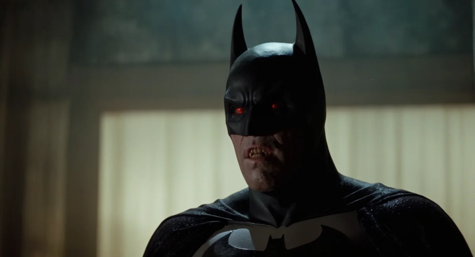 cinematic film still of Cinematic Film stock footage in (arri alexa style) Kodak film print, <lora:Batman Vampire:1> <lora:Vampire-000003:1> Batman Vampire a man in a black suit with a glowing cape and vampire fangs, shallow depth of field, vignette, highly detailed, high budget, bokeh, cinemascope, moody, epic, gorgeous, film grain, grainy