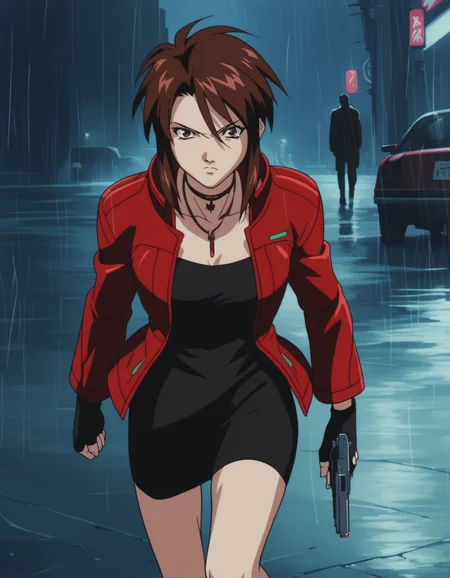 score_9, score_8_up, score_7_up, source_anime, <lora:Priss_Asagiri__Bubblegum_Crisis_Tokyo_2040:1> Priss, brown hair, brown eyes, sidelocks
black dress, red jacket, choker, necklace, fingerless gloves,
1girl, solo, serious, glaring, handgun, running towards viewer, trigger discipline, cyberpunk, science fiction, outdoors, night, rain