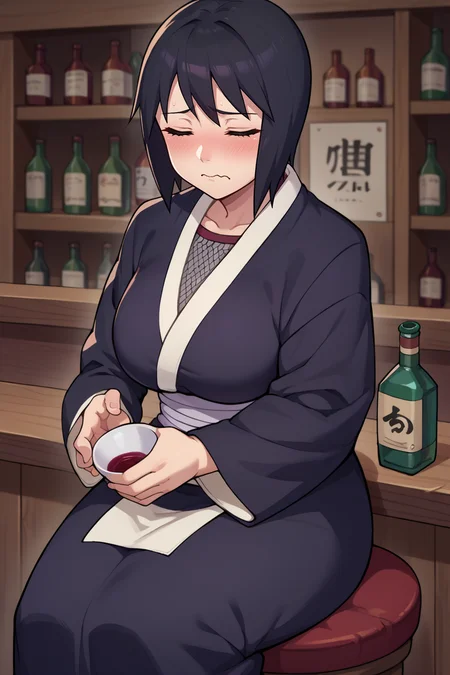 score_9, score_8_up, score_7_up, score_6_up, source_anime BREAK 1girl, solo, <lora:shizune-pdxl-nvwls-v1-000005:1> shizune, black hair, black kimono, (big breasts:0.6), sitting, chair, counter, bar, holding sake bottle, blush, closed eyes, wavy mouth