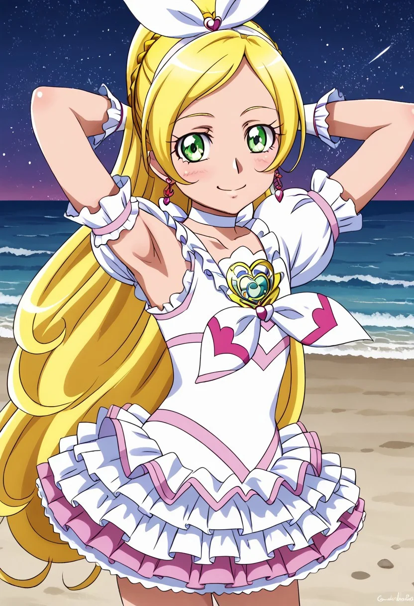 detailed background, shiny skin, rating safe,
<lora:curerhythm.pony:1>
curerhythm,
shiny skin, high quality, solo, looking at viewer, solo, {contrapposto}, spread armpit, arms behind head, blushing, looking at viewer, cowboy shot, closed mouth, night sky, beach, looking at viewer, best quality, smile,