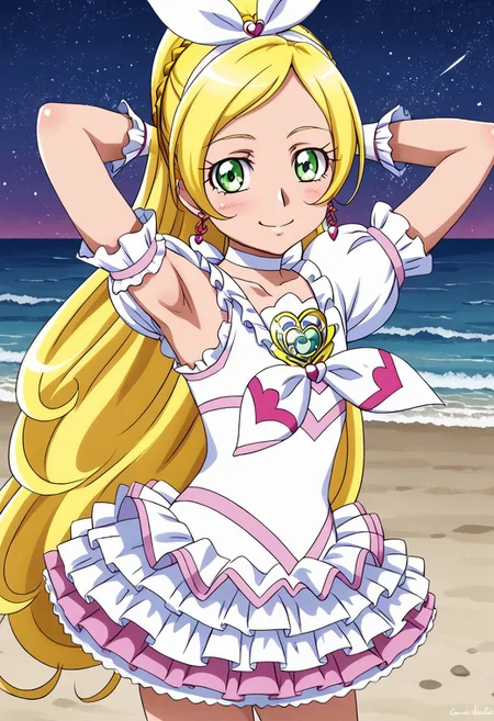 detailed background, shiny skin, rating safe,
<lora:curerhythm.pony:1>
curerhythm,
shiny skin, high quality, solo, looking at viewer, solo, {contrapposto}, spread armpit, arms behind head, blushing, looking at viewer, cowboy shot, closed mouth, night sky, beach, looking at viewer, best quality, smile,