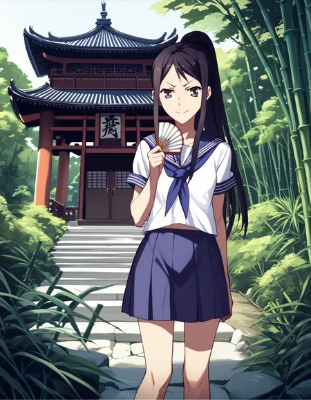 score_9, score_8_up, score_7_up, source_anime, <lora:minko-000007:1> tsurugi minko, long hair, black hair, ponytail
school uniform, serafuku,
1girl, holding fan, smug, outdoors, japanese temple, stunning scenery of oriental stone garden, pagoda, bamboo forest, dusk