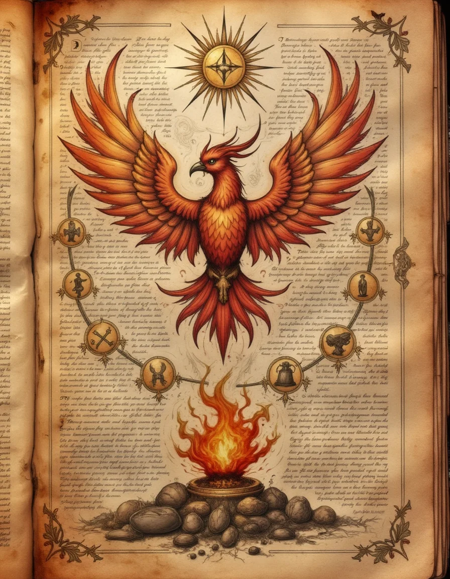 <lora:codex_arcanum_v20-360:1>, spllbkpg, On a stained piece of parchment, an illustration of a phoenix rising from its ashes takes center stage. Its wings, spread wide, are adorned with flaming feathers, and its beak emits a plume of smoke. Surrounding the phoenix, symbols of fire and rebirth spiral outward, merging with the image of the ashes below. At the top, a sun symbol radiates energy, casting light over the scene. The parchment is old, with visible creases and singe marks that add to the relic-like appearance.