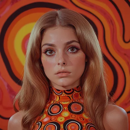 <lora:60s_Psychedelic_MovieSDXL:1> ArsMovieStill, movie still from a 60s psychedelic movie, The image is a portrait of a young woman with long blonde hair. She is wearing a sleeveless top with a colorful design on it. The top has a high neckline and is made of a shiny fabric with a circular pattern in orange yellow and black. The woman is looking directly at the camera with a serious expression on her face. The background is a vibrant orange and yellow pattern with swirls and curves. The overall mood of the image is bold and striking., 1girl, solo, brown hair, long hair, brown eyes, lips, bare shoulders, upper body, realistic, looking at viewer