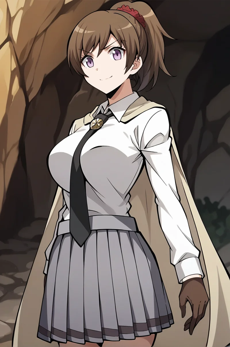 score_9, score_8_up, score_7_up, score_6_up, score_5_up, score_4_up, source_anime, BREAK 1girl, <lora:Yada_Toka:1>, yadatoka, brown hair, high ponytail, purple eyes, red scrunchie, white shirt, long sleeves, impossible shirt, necktie, necktie between breasts, beige cape, gold brooch, large breasts, brown gloves, grey skirt, pleated skirt, looking at viewer, frown, smile, cave, solo