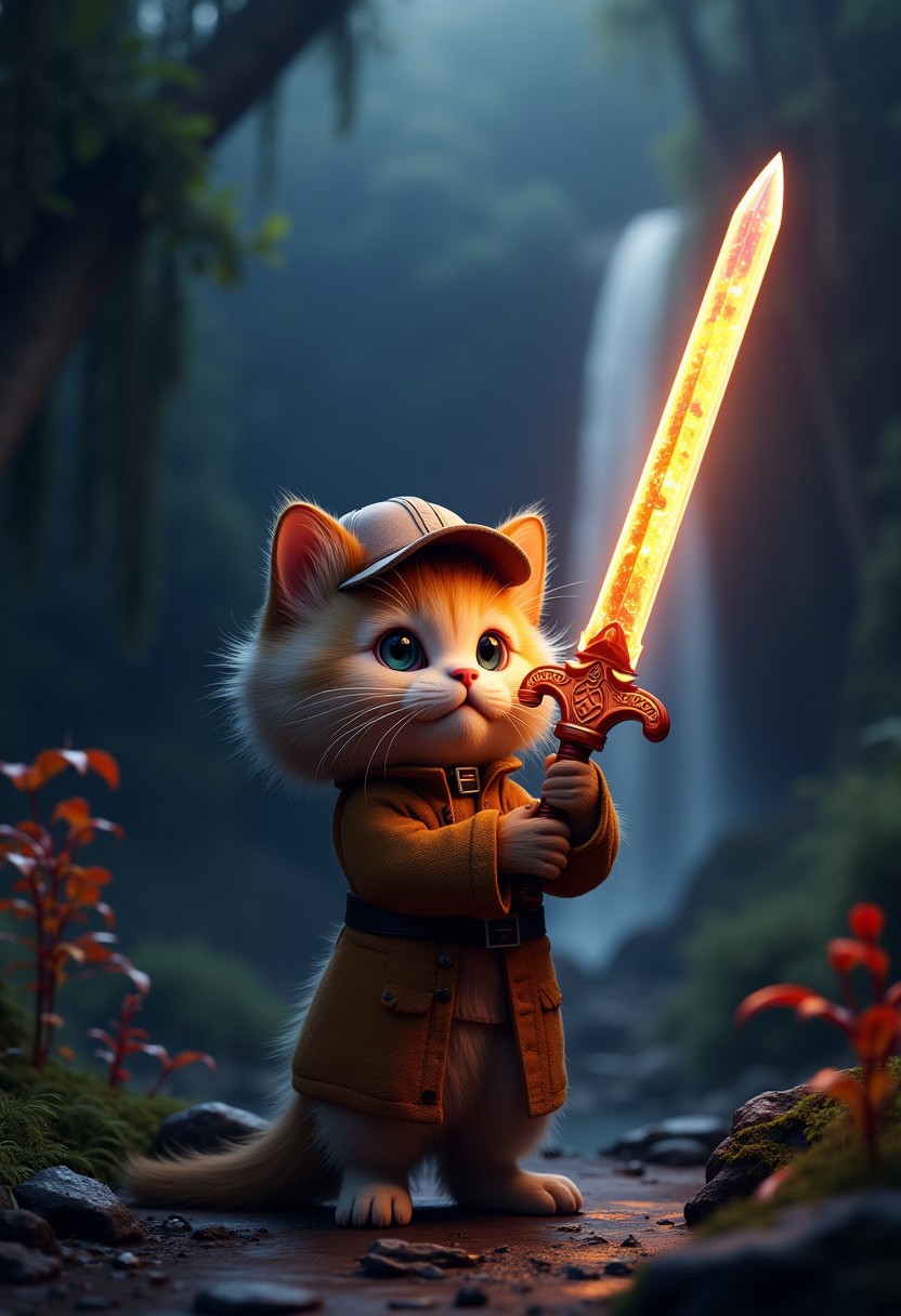 photorealistic,. a realistic human-like fluffy kitten holding a legendary sword. the sword is bright and colorful, emits powerful aura ,surrounded dark forest. very detailed, amazing quality, intricate, cinematic light, highly detail, beautiful, cinematic lighting,, near a waterfall and rare plants, 3d cg, 8k, wearing see-through spectacles, baseball hat too,