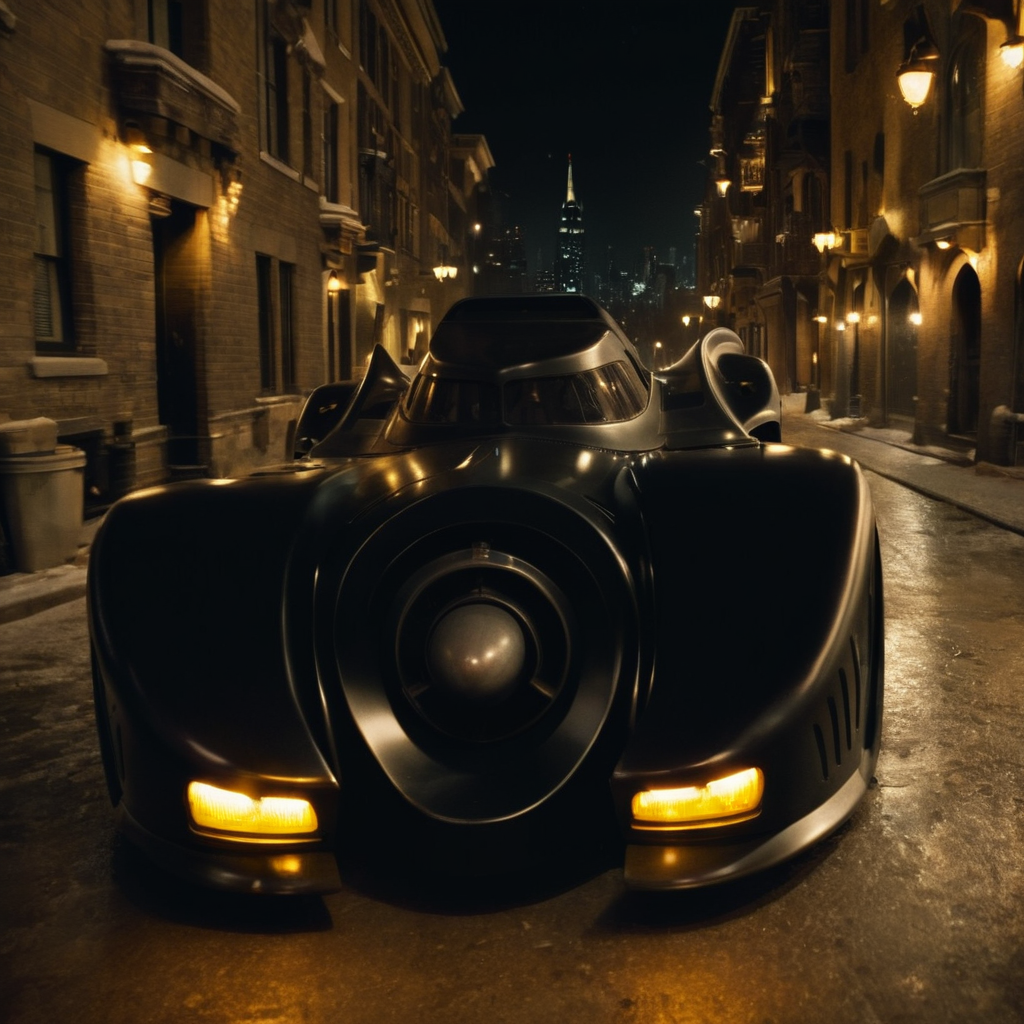 cinematic film still of  <lora:Batmobile 1989:1>
Batmobile 1989 a black car with a yellow light on the side driving to the camera,batman car,gotham city,outdoors,no humans,window,night,ground vehicle,building,motor vehicle,car,road,vehicle focus,street,sports car , realistic, sharp, detailed, classic, 1980's, gothic, photography, artistic, perfection, shallow depth of field, vignette, highly detailed, high budget, bokeh, cinemascope, moody, epic, gorgeous, film grain, grainy