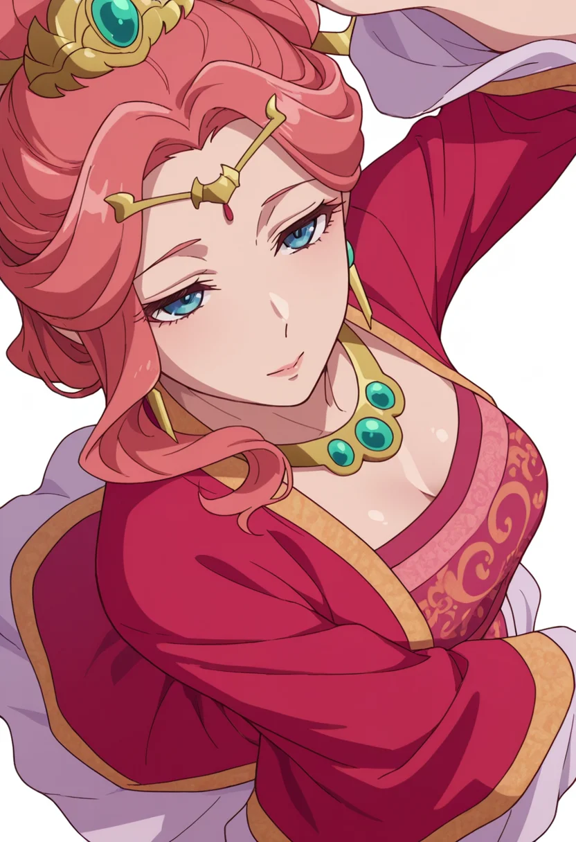 Smooth Quality,masterpiece,very intricate, high quality details, ultra realistic, high detailed skin,detailed enviorement,absurdres,
simple background, white background,solo,
from above,fucked silly,dancing,
<lora:Gyokuyou_CNR:0.8> gyokuyou_cnr, 1girl, red hair, pink hair, blue eyes, long hair,chinese clothes, dress, long sleeves, wide sleeves,earrings, necklace, jewelry
