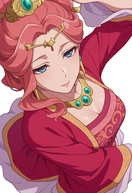 Smooth Quality,masterpiece,very intricate, high quality details, ultra realistic, high detailed skin,detailed enviorement,absurdres,
simple background, white background,solo,
from above,fucked silly,dancing,
<lora:Gyokuyou_CNR:0.8> gyokuyou_cnr, 1girl, red hair, pink hair, blue eyes, long hair,chinese clothes, dress, long sleeves, wide sleeves,earrings, necklace, jewelry