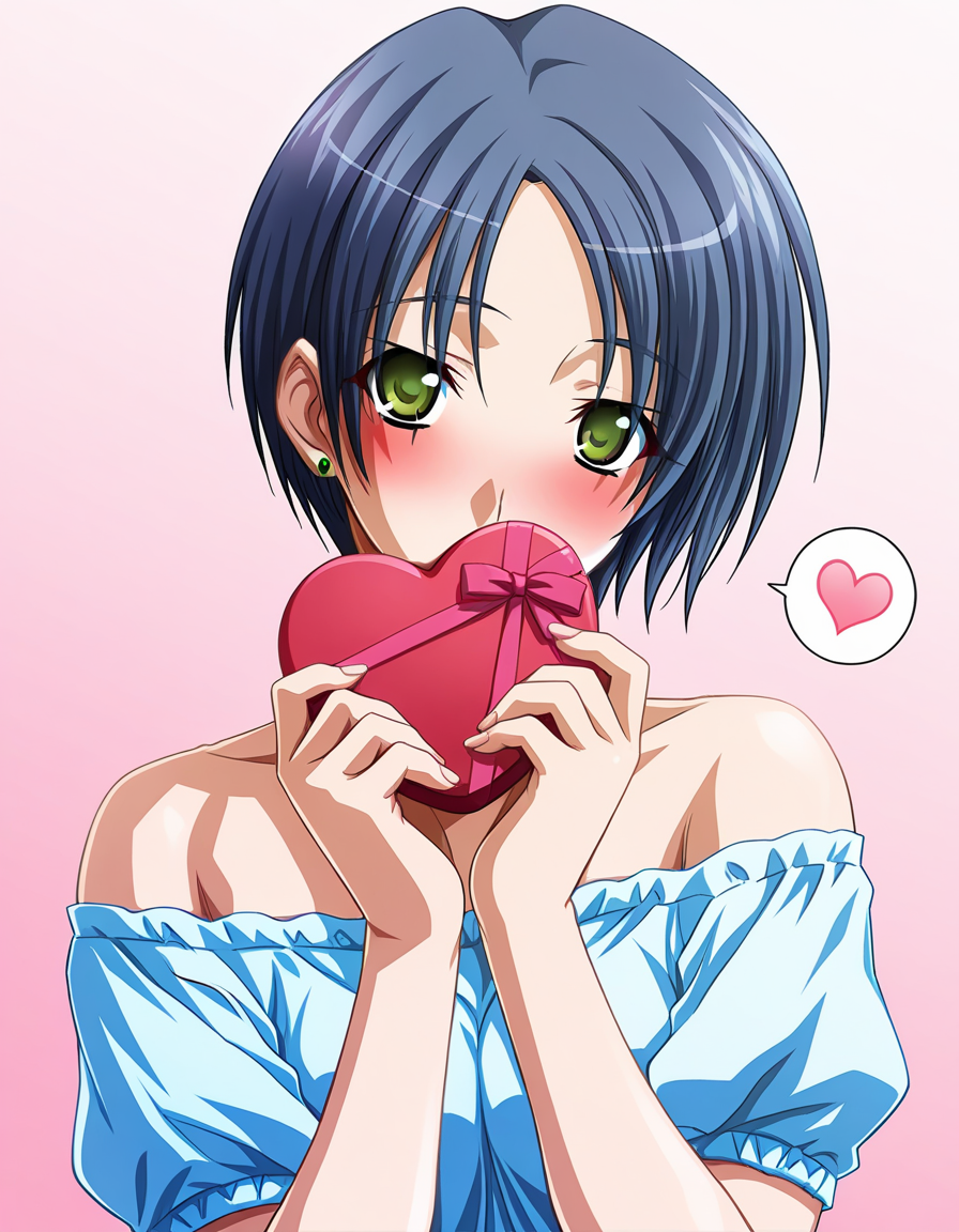 masterpiece, best quality, amazing quality, incredibly absurdres, official art, ultra detailed, official style, BREAK
1girl, solo, takebe_inaho, green eyes, short hair, blue hair, earrings, 
off-shoulder shirt, denim, 
lovestruck, blush, head tilt, looking at viewer, spoken heart, standing, holding heart gift, hand over own mouth, gradient background, pink background, front view, upper body, highly detailed, best hands <lora:Takebe Inaho v1.0-000013:1>