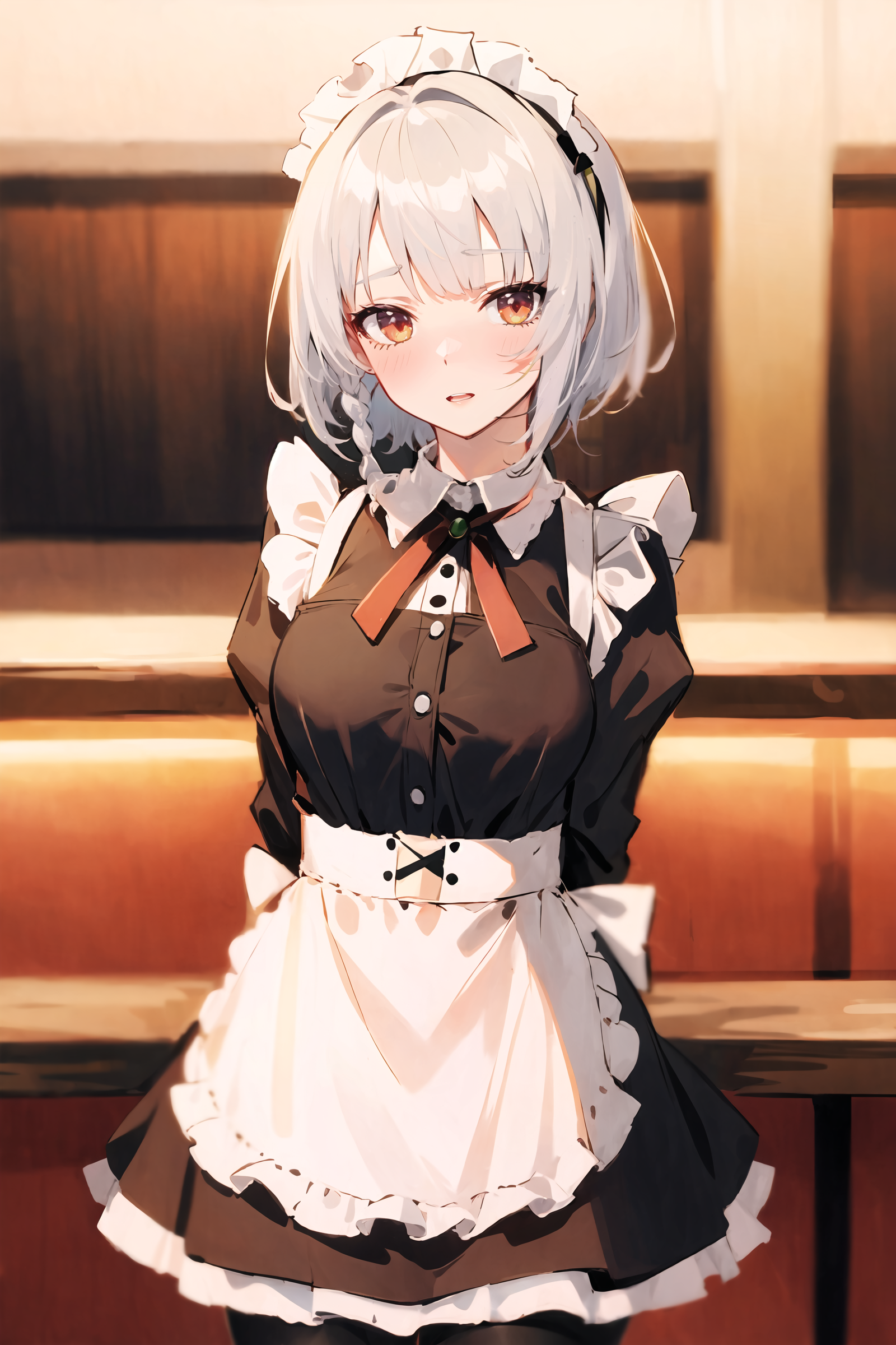 1girl, anby demara, solo, maid, maid headdress, maid apron, smile, embarrassed, pantyhose, open mouth, parted lips, cowboy shot, bar \(place\), indoors, depth of field, smug, open mouth, looking at viewer