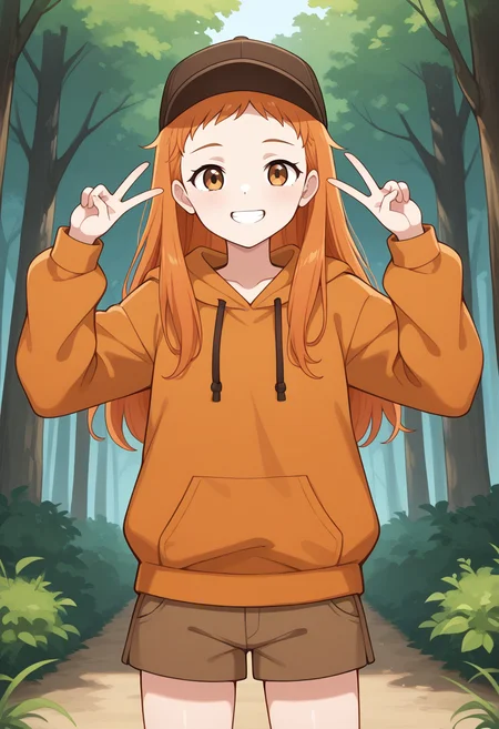 1girl, solo, linalyuri, orange hair, long hair, hair down, short bangs, messy bangs, forehead, baseball cap, orange hoodie, long sleeves, brown shorts, index raised, forest park, grin, standing, cowboy shot, looking at viewer,