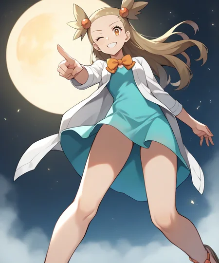 score_9, score_8_up, 1girl,
good quality, masterpiece, mature female, ultradetail, anime, source_anime, aesthetic, (solo)
<lora:JasminePokemon-05:0.9>PokeJasmine, long hair, sandals, short white cardigan, collarbone, orange bowtie, sleeves past elbows, (very short dress), aqua dress, looking at viewer, vibrant color,,dynamic pose, yellow moon behind in cinematic shot, starry night, angle from below, pointing at viewer, wink, smile