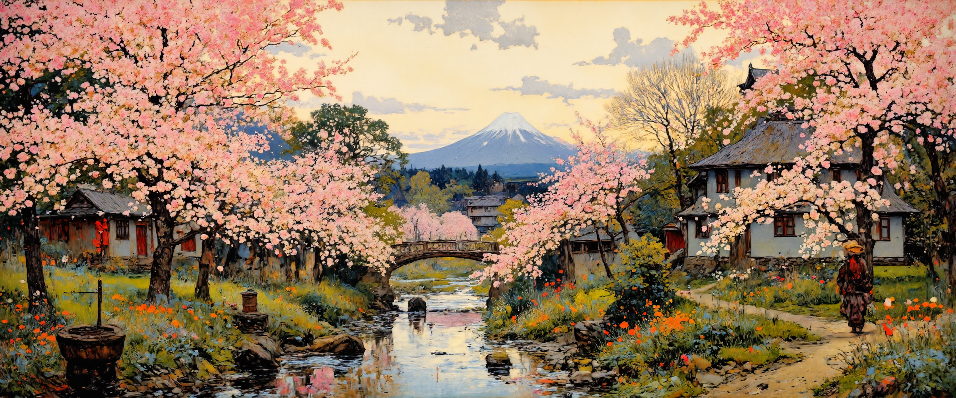 masterful impressionistic oil painting on canvas, a picturesque japanese countryside in the late 19th century, springtime, mount fuji rising majestically in the distance, partially veiled by a soft morning haze, cherry blossom trees in full bloom lining a gently meandering brook, their pink petals drifting to the ground and floating on the waterâs surface, traditional thatched-roof farmhouses nestled harmoniously among the trees, their rustic charm blending seamlessly with nature, distant forested mountains stretch across the horizon, softened by atmospheric mist, dramatic sky, lingering rainclouds breaking apart, shafts of warm sunlight piercing through gaps in the overcast sky, casting a gentle glow across the landscape, a crystal-clear stream winds through the scene, reflecting the soft colors of the sky and blossoms, the banks adorned with vibrant wildflowers in shades of blue, purple, and orange, in the middleground, a quaint wooden bridge, weathered by time, arches over the stream, blending naturally into the serene setting, subtle cultural details enrich the scene: a bamboo water spout trickling into a moss-covered stone basin, the faint suggestion of a stone lantern hidden among the blossoms, a lone traveler in traditional japanese attire, wearing a wide straw hat, walks along a narrow dirt path by the brook, carrying a small bundle of firewood on his back, wide-angle panoramic shot, slightly elevated perspective, capturing the vastness of the countryside and the travelerâs small place within it, soft, diffused morning light, sunbeams filtering through the clouds, casting dappled highlights onto the ground and shimmering on the waterâs surface, light mist over the mountains heightening the dreamlike atmosphere, painted with loose, expressive brushstrokes, impasto texture bringing life to the blossoms and wildflowers, subtle interplay of pastel pinks, soft greens, warm earth tones, and cool blues, an evocative celebration of springâs fleeting beauty, balancing serenity with the gentle tension of nature after rain, oil on canvas, dramatic sky, high contrast, highly detailed, golden ratio, ovg, aidmaimageupgrader, <lora:style-kaoru_yamada-impressionism-flux-by_adel_ai:1.1> <lora:style-amazing_scenery-v3-flux-by_marielle:0.56> <lora:image_upgrader-v0.3-flux-by_aidma:0.4>