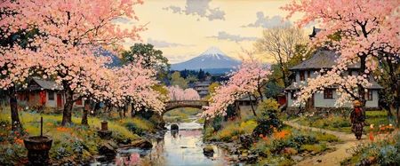 masterful impressionistic oil painting on canvas, a picturesque japanese countryside in the late 19th century, springtime, mount fuji rising majestically in the distance, partially veiled by a soft morning haze, cherry blossom trees in full bloom lining a gently meandering brook, their pink petals drifting to the ground and floating on the waterâs surface, traditional thatched-roof farmhouses nestled harmoniously among the trees, their rustic charm blending seamlessly with nature, distant forested mountains stretch across the horizon, softened by atmospheric mist, dramatic sky, lingering rainclouds breaking apart, shafts of warm sunlight piercing through gaps in the overcast sky, casting a gentle glow across the landscape, a crystal-clear stream winds through the scene, reflecting the soft colors of the sky and blossoms, the banks adorned with vibrant wildflowers in shades of blue, purple, and orange, in the middleground, a quaint wooden bridge, weathered by time, arches over the stream, blending naturally into the serene setting, subtle cultural details enrich the scene: a bamboo water spout trickling into a moss-covered stone basin, the faint suggestion of a stone lantern hidden among the blossoms, a lone traveler in traditional japanese attire, wearing a wide straw hat, walks along a narrow dirt path by the brook, carrying a small bundle of firewood on his back, wide-angle panoramic shot, slightly elevated perspective, capturing the vastness of the countryside and the travelerâs small place within it, soft, diffused morning light, sunbeams filtering through the clouds, casting dappled highlights onto the ground and shimmering on the waterâs surface, light mist over the mountains heightening the dreamlike atmosphere, painted with loose, expressive brushstrokes, impasto texture bringing life to the blossoms and wildflowers, subtle interplay of pastel pinks, soft greens, warm earth tones, and cool blues, an evocative celebration of springâs fleeting beauty, balancing serenity with the gentle tension of nature after rain, oil on canvas, dramatic sky, high contrast, highly detailed, golden ratio, ovg, aidmaimageupgrader, <lora:style-kaoru_yamada-impressionism-flux-by_adel_ai:1.1> <lora:style-amazing_scenery-v3-flux-by_marielle:0.56> <lora:image_upgrader-v0.3-flux-by_aidma:0.4>