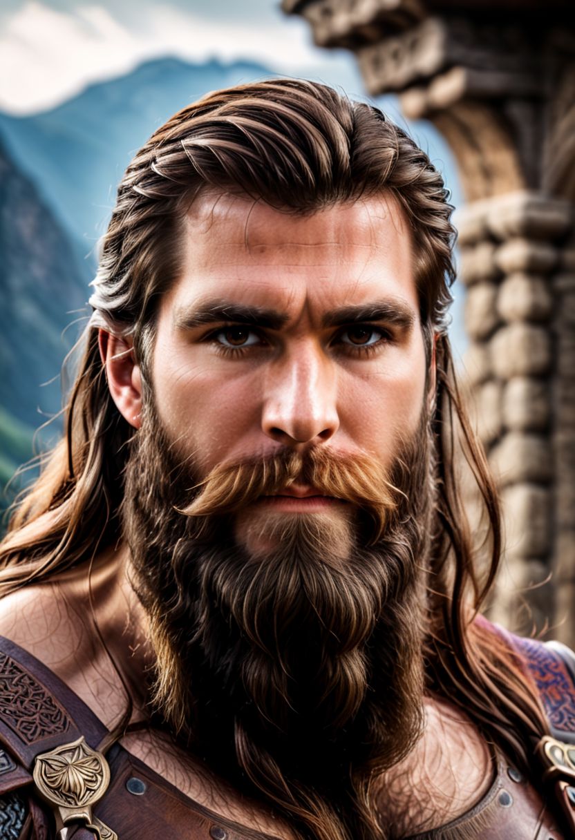 high fantasy style RAW photo, (a handsome and masculine Dwarf standing in front of an ancient city, mountains background), vibrant, stunningly beautiful, crisp, detailed, high contrast, cinematic, ultra detailed, intricate, professional, (high quality:1.4), (intricate, high detail:1.2), professional photography, HDR, High Dynamic Range, realistic, ultra realistic, photorealistic, high resolution, film photography, ambient lighting, UHD, bulky armor, long epic beard, brown eyes, long brown hair, face focus, closeup,