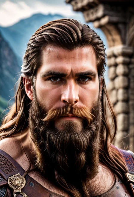 high fantasy style RAW photo, (a handsome and masculine Dwarf standing in front of an ancient city, mountains background), vibrant, stunningly beautiful, crisp, detailed, high contrast, cinematic, ultra detailed, intricate, professional, (high quality:1.4), (intricate, high detail:1.2), professional photography, HDR, High Dynamic Range, realistic, ultra realistic, photorealistic, high resolution, film photography, ambient lighting, UHD, bulky armor, long epic beard, brown eyes, long brown hair, face focus, closeup,