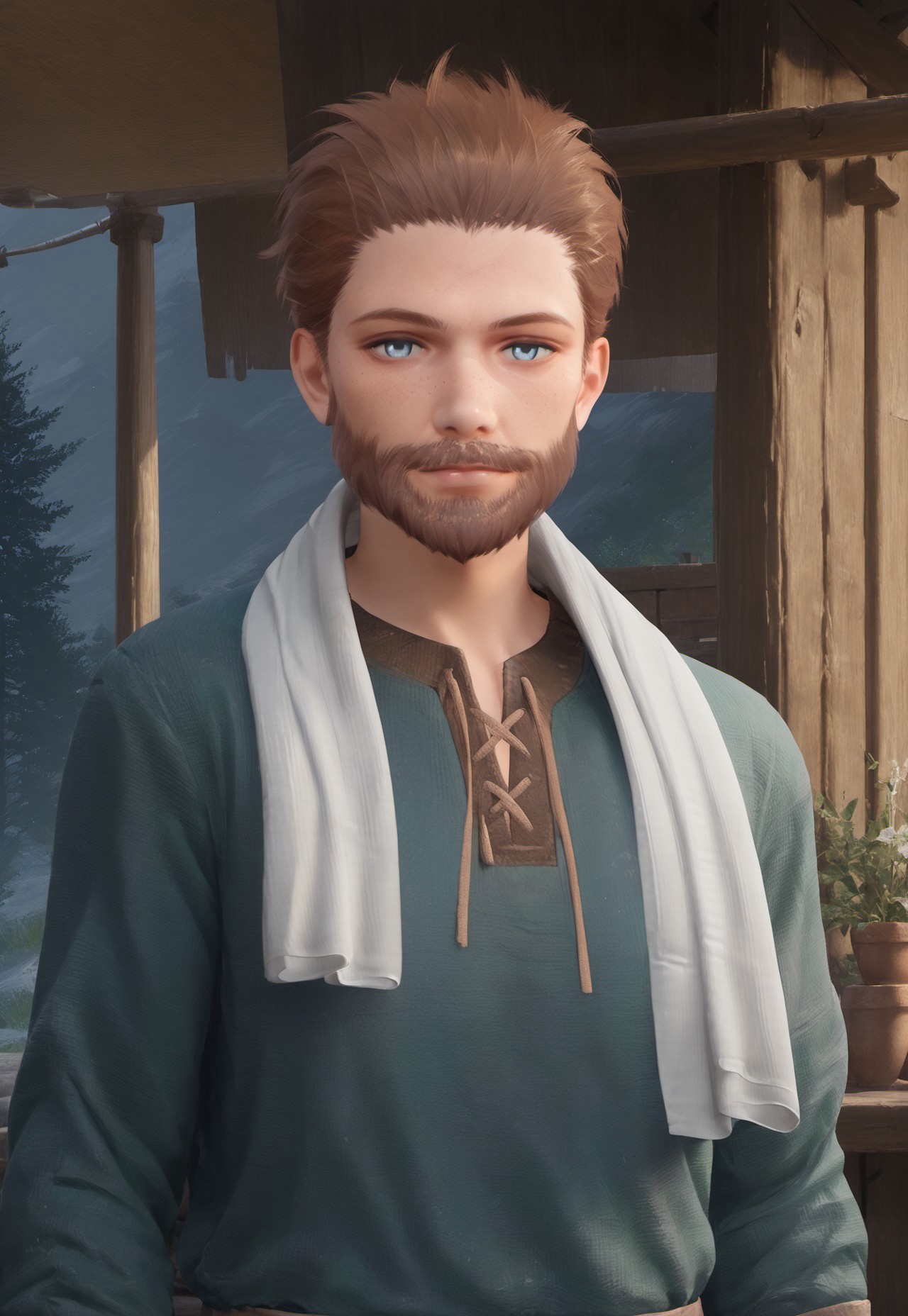 safe_pos, score_9, score_8_up, score_7_up, source_anime, rating_nsfw, ultra hd, absurdres, solo, masterpiece, best quality, best aesthetic, Expressiveh, 1boy

InfinityNPietro, brown hair, beard, facial hair, blue eyes, green shirt, towel around neck, portrait, headshot, looking at viewer