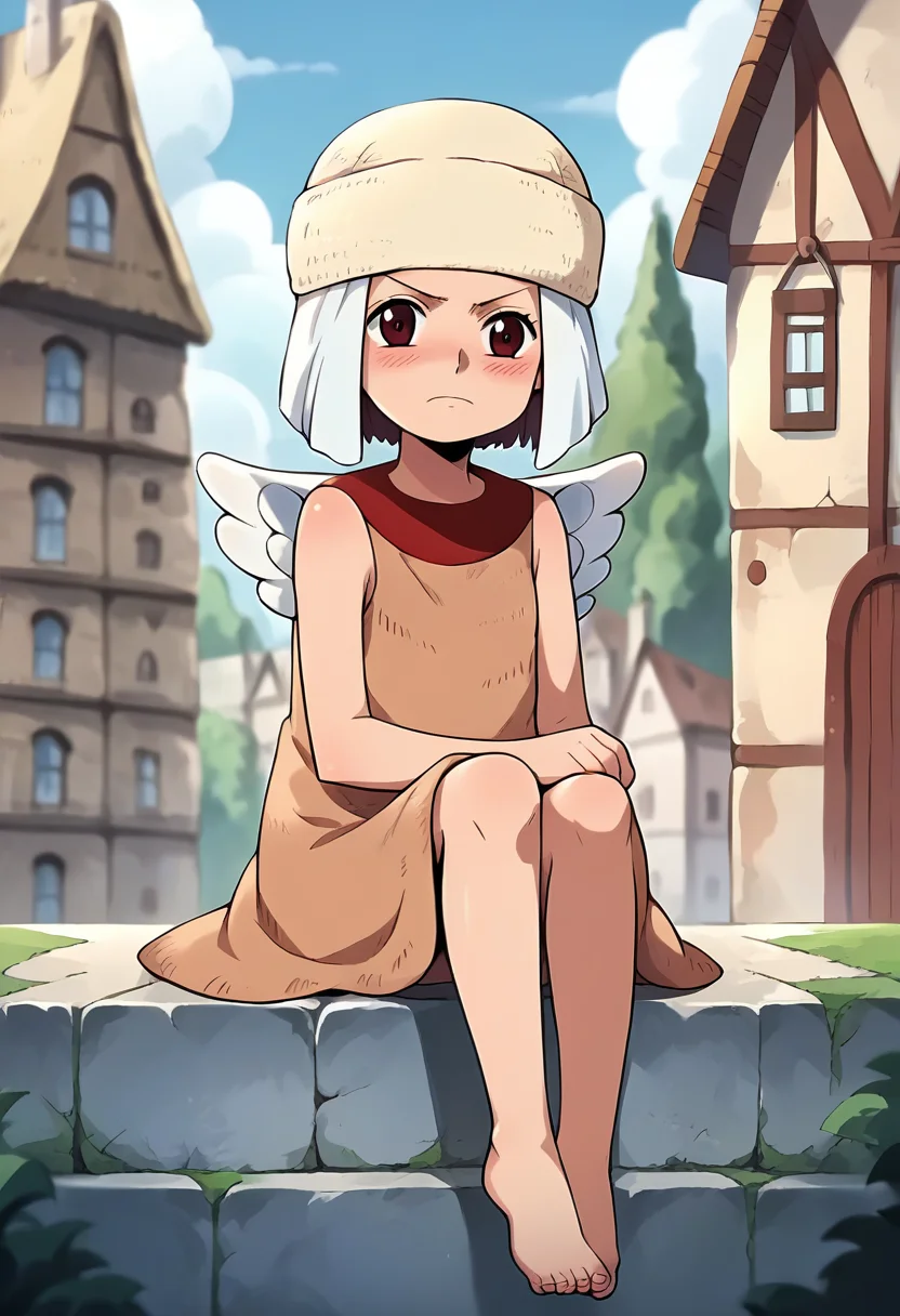score_9, score_8_up, score_7_up, source_anime, masterpiece, 1girl, ctianaisa, hat, brown dress, wings, barefoot, looking at viewer, outdoors, town, depth of field, sitting, blush, <lora:Aisa_onepiece_pony_ct:1>