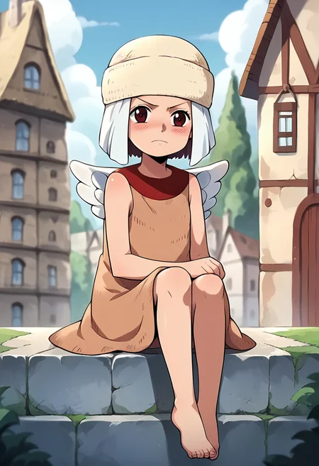 score_9, score_8_up, score_7_up, source_anime, masterpiece, 1girl, ctianaisa, hat, brown dress, wings, barefoot, looking at viewer, outdoors, town, depth of field, sitting, blush, <lora:Aisa_onepiece_pony_ct:1>