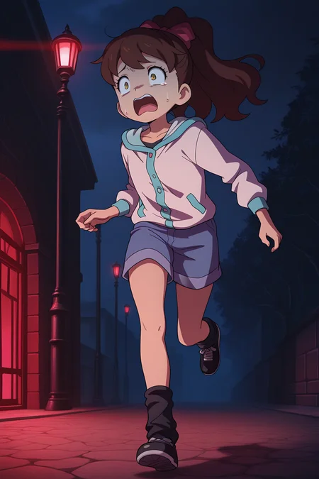 masterpiece, best quality, amazing quality, absurdres, kodamafumika, brown hair, high ponytail, solo, scared, panicking, running, white jacket, blue shorts, black ankle warmers, black shoes, outdoors, night, dark atmosphere, red lighting, dark alleyway, lamppost