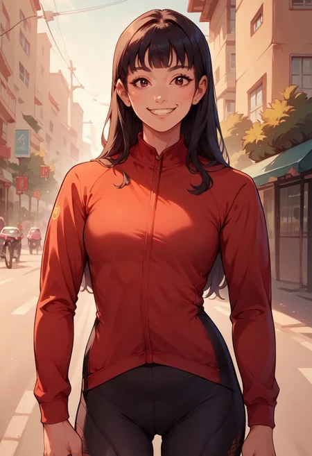 score_9, score_8_up, score_7_up, score_6_up, 1girl, cute, black hair, smiling, bangs, asian, long hair, red cycling jersey, long sleeved jersey, black cycling shorts, hand on hips, in the city, portrait