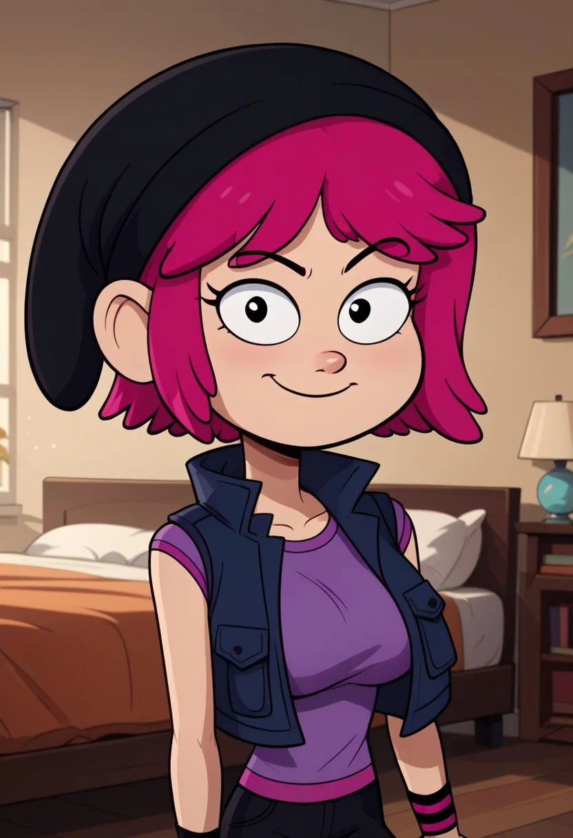 ((bedroom background)),score_9, score_8_up, score_7_up,score_6_up,
1girl, Solo, Pauline_AP, light skin, black eyes, bright pink hair, short hair, black beanie hat, purple t-shirt, pink-black wristbands, sleeveless dark blue vest, tight black pants, black boots, big eyes, medium stature, social smile, sexy face, close-up, face photo, perfect eyes, perfect smile, looking at the viewer, big breasts