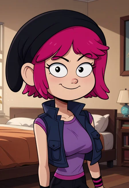 ((bedroom background)),score_9, score_8_up, score_7_up,score_6_up,
1girl, Solo, Pauline_AP, light skin, black eyes, bright pink hair, short hair, black beanie hat, purple t-shirt, pink-black wristbands, sleeveless dark blue vest, tight black pants, black boots, big eyes, medium stature, social smile, sexy face, close-up, face photo, perfect eyes, perfect smile, looking at the viewer, big breasts