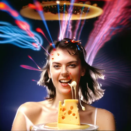 fireballs and laser beams in straight configuration coming out of futuristic eyeglasses in super surreal style harsh light details high quality film grain 50mm wide shot on sony analog HDTV camera laserdisc style. wide shot of a dorky australian brunette woman with a mullet and flesh strips cuts of beef high velocity from her forehead in a surreal style surrounded by swirling colour and sexy smirking at camera with a little wink. behind her are a huge array dripping cheese melting milk and liquids thick goopy psychedelic