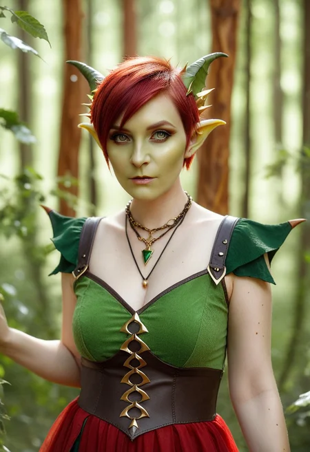 depth of field, fantasy photoshoot, photo, professional photoshoot,
1girl, goblin, pointy ears, short, green skin, themes of gold and leather,
short hair, dress, jewelry, red hair,
summer forest, branches in foreground, blurry foreground, trees in background,
realistic, blurry