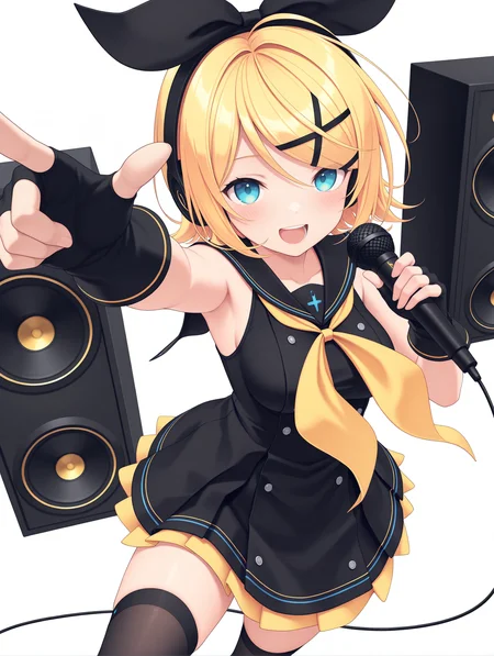masterpiece,best quality,newest,
1girl,solo,
medium breasts,<lora:s_k_rim_ilxl_v1.0:1>,h_b,hair bow,h_p,headphones,rin,x hair ornament,blonde hair,blue eyes,short hair,r_clothes,sblack sailor collar,yellow neckerchief,sleeveless dress,black short dress,fingerless gloves,black_thighhighs,
<lora:Fixhands_anime_bdsqlsz_V1:1>,knee_up,singing,dancing,light_blush,dynamic_angle,cinematic_angle,speaker,microphone,holding_microphone,cowboy_shot,looking_at_viewer,reaching,pointing_at_viewer,laughing,simple_background,white background,face_focus,from_above,