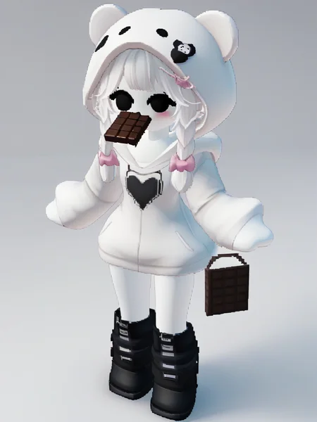 (score_9,score_8_up,score_7_up), source_anime, 3d, roblox, solid cirle eyes, black eyes, no mouth, 1girl, solo, blush, hair ornament, long sleeves, hat, animal ears, white hair, standing, full body, braid, flower, white hair, heart, boots, hair flower, hood, grey background, black footwear, twin braids, colored skin, (eating chocolate bar), (food in mouth), white skin, animal hood, bear ears, animal hat, bear, bear hair ornament, white theme