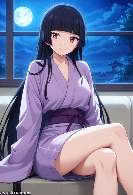 score_9, score_8_up, score_7_up, source_anime, rorymercury,
<lora:rory-mercury-s1s2-ponyxl-lora-nochekaiser:1>, rory mercury,
1girl, solo, closed mouth, light smile,
long hair, black hair, red eyes, hime cut, blunt bangs, lipstick,
yukata, purple kimono, open kimono, breast,
sitting, crossed legs, looking at viewer, 
indoors, window, night, moon