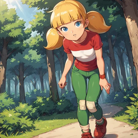 score_9, score_8_up, score_7_up, BREAK, penny_ig, blonde hair, twintails, blue eyes, red shirt, stripe, knee patch,, outdoors, forest, sunlight, shadows, natural lighting