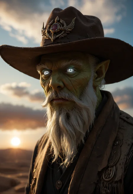 <lora:necrophos_v1:0.8>necrophos_v1, 1boy, game,
glowing,
pointy ears,
colored skin, green skin,
facial hair, long white beard,
glowing eyes, white eyes, no pupils, blank eyes,
hat,
old, old man,
sharp fingernails,, score_9, score_8_up, score_7_up, score_6_up, derpibooru_p_95,
detailed eyes, beautiful, detailed background, perfect eyes,
solo,
dawn, cloudy, sunrise, birds flying, zoomed out, desert, looking at viewer,
blur censor, blurry, blurry background, blurry foreground, bokeh, motion blur,
chromatic aberration, depth of field, figure, focused, focus
photography, realistic sun light and shadows, photorealism, UHD --ar 9:16 --style raw --stylize 700,