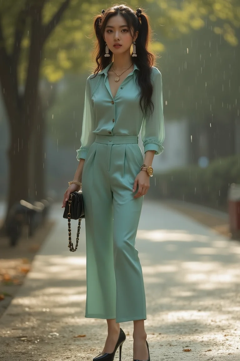 [16]Realistic photograph, A 20-year-old elegant and sophisticated city Chinese woman is wearing a luxury silk cyan blouse and high-waisted pants. The pastel-toned blouse features metallic details, and the pants fall neatly just above the ankles. She pairs black stiletto heels with a designer mini bag, accessorized with diamond earrings of chanel logo and a slim gold watch. Her look is completed with natural wavy hair and neutral-toned makeup, exuding refined city style. full body, looking at viewer, upper body, leg open, standing, rainy playgroun, sittting, large breasts, The subject should be depicted with long, dark hair tied back in a Twin ponytails. The scene should take place during a sunny day with a warm and clear atmosphere. Incorporate sun flares or lens flares to add depth and interest to the image,