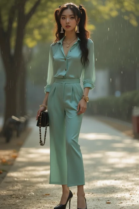 [16]Realistic photograph, A 20-year-old elegant and sophisticated city Chinese woman is wearing a luxury silk cyan blouse and high-waisted pants. The pastel-toned blouse features metallic details, and the pants fall neatly just above the ankles. She pairs black stiletto heels with a designer mini bag, accessorized with diamond earrings of chanel logo and a slim gold watch. Her look is completed with natural wavy hair and neutral-toned makeup, exuding refined city style. full body, looking at viewer, upper body, leg open, standing, rainy playgroun, sittting, large breasts, The subject should be depicted with long, dark hair tied back in a Twin ponytails. The scene should take place during a sunny day with a warm and clear atmosphere. Incorporate sun flares or lens flares to add depth and interest to the image,