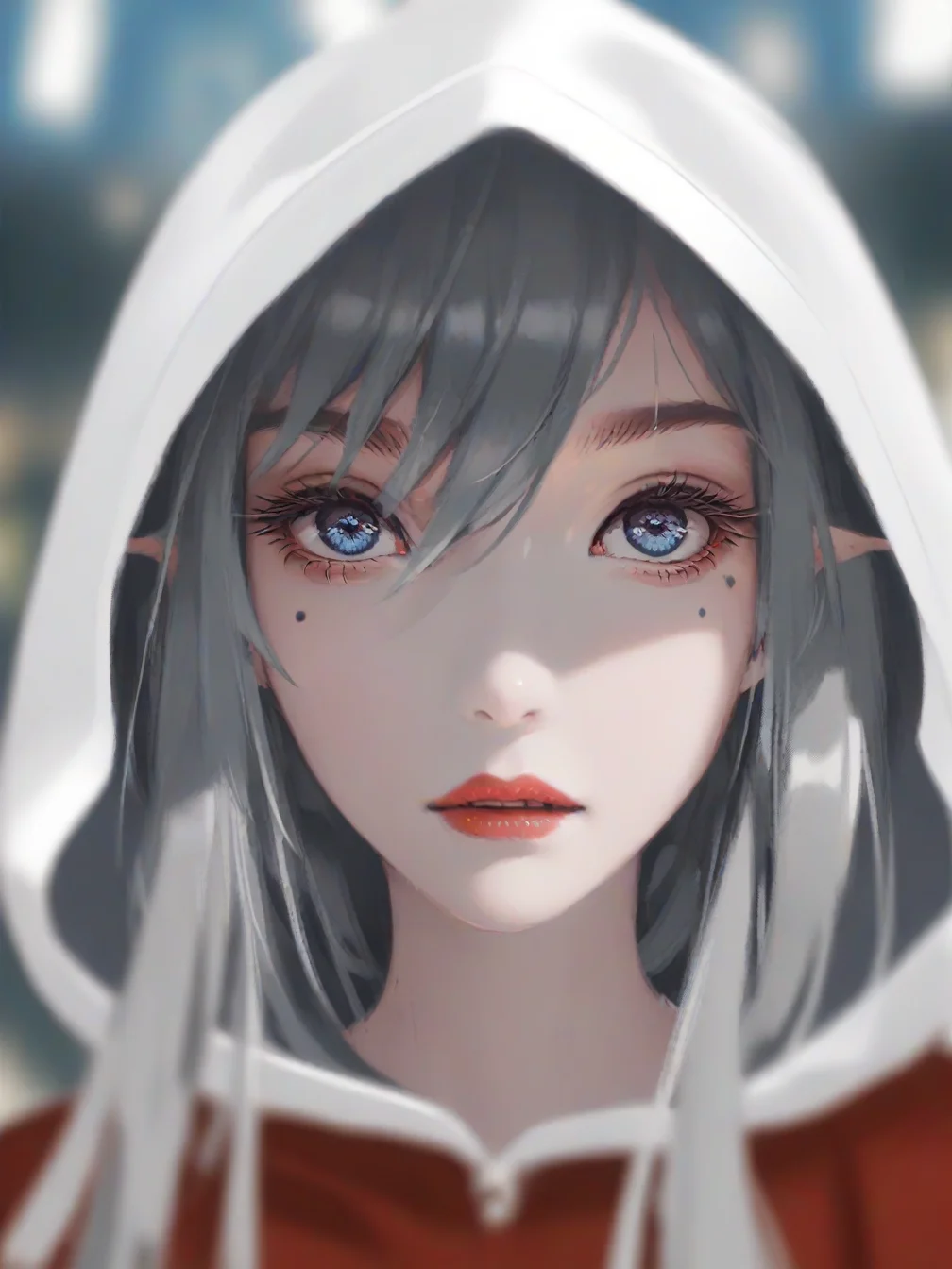 1girl,solo,mole under eye,blue eyes,mole,looking at viewer,hood,portrait,hood up,blurry,lips,grey hair,pointy ears,blurry background,long hair,hair between eyes,red lips,eyelashes,nose,teeth,close-up,depth of field,closed mouth,
<lora:ag31-wlop_1-000032:1>,